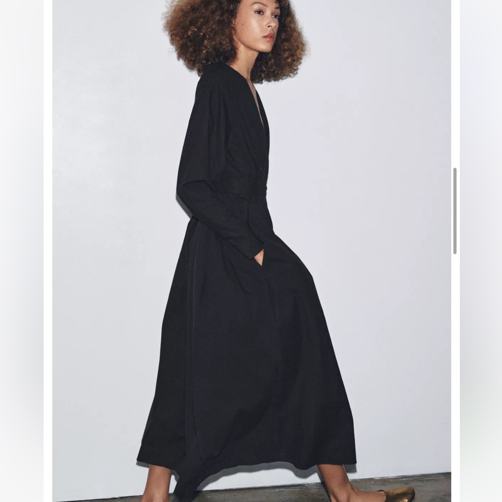 Zara NWT ZW Collection pleated poplin midi dress black belted 4786/287
